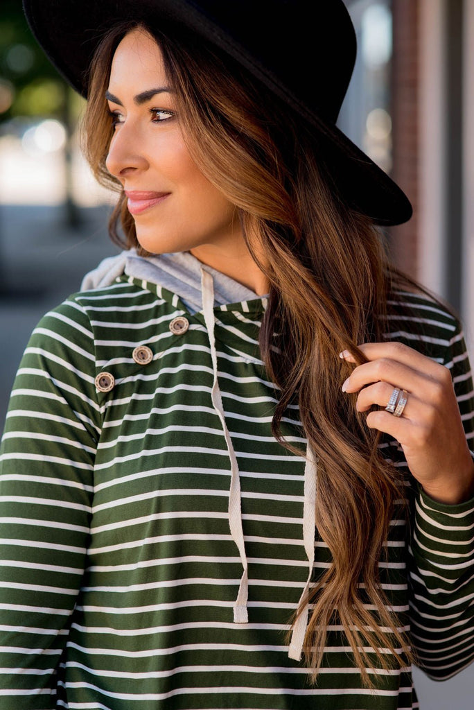 Striped Button Double Hoodie - Betsey's Boutique Shop - Shirts & Tops