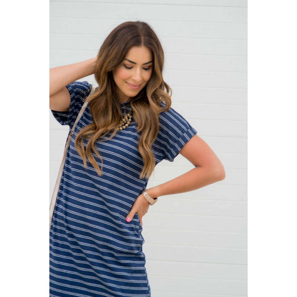 Cuffed Sleeve Double Striped Dress - Betsey's Boutique Shop