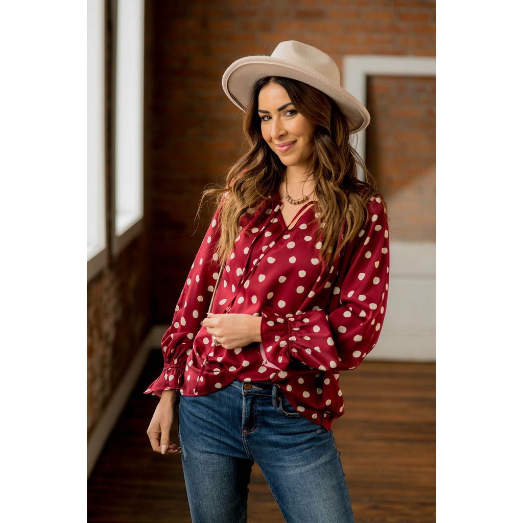 Polka Dot Drawstring Blouse - Betsey's Boutique Shop