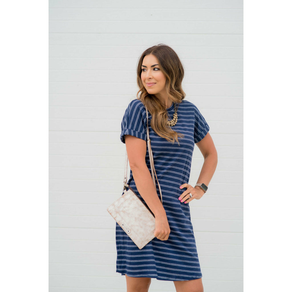 Cuffed Sleeve Double Striped Dress - Betsey's Boutique Shop