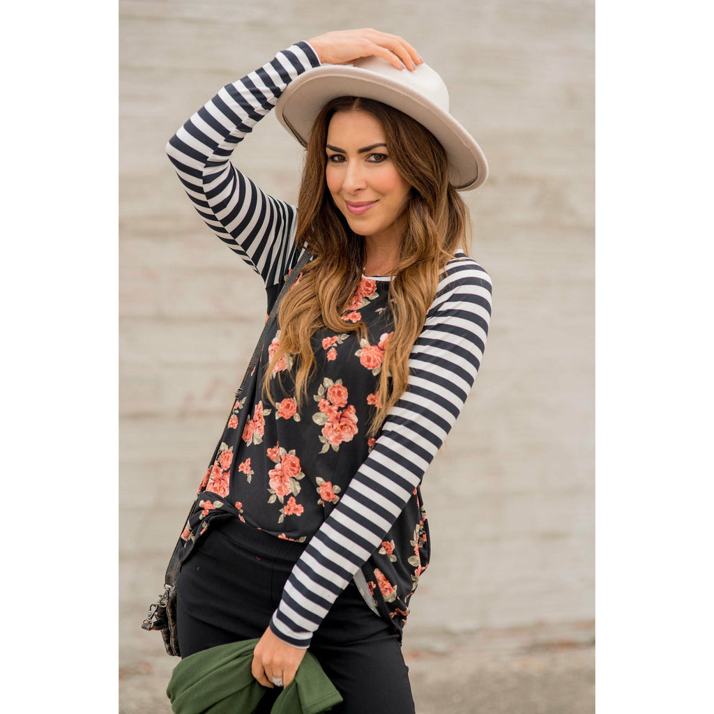 Striped Floral Body Long Sleeve Tee - Betsey's Boutique Shop