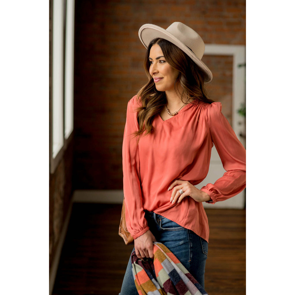 Classy Ruche Shoulder Button Sleeve Blouse - Betsey's Boutique Shop - Shirts & Tops