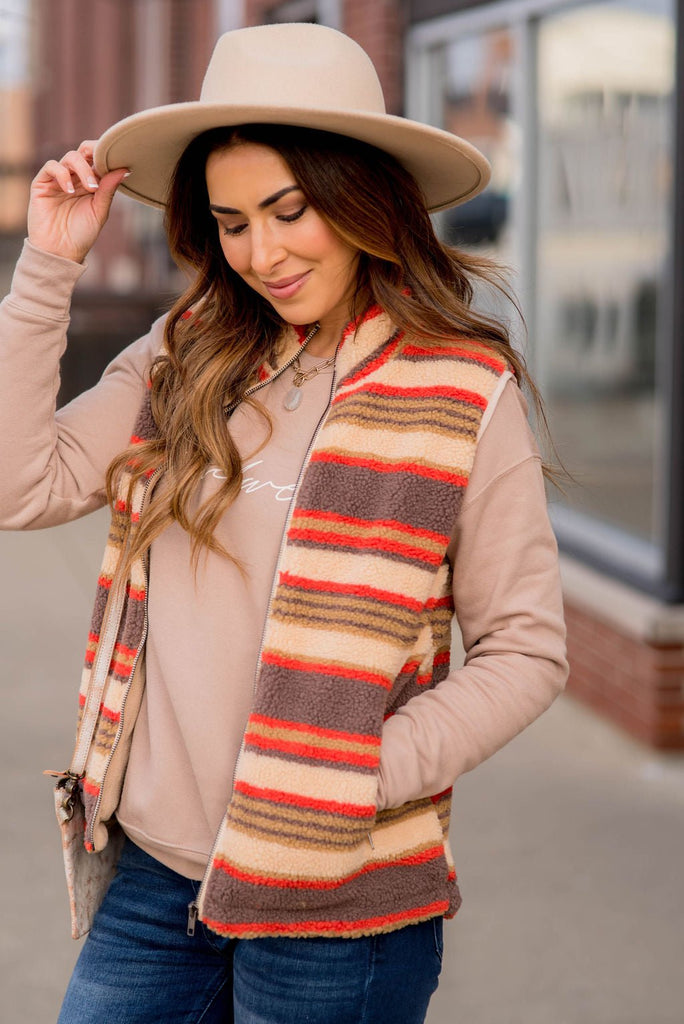 Western Striped Sherpa Vest - Betsey's Boutique Shop -