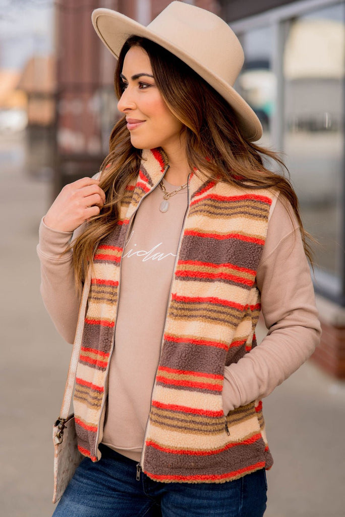 Western Striped Sherpa Vest - Betsey's Boutique Shop -