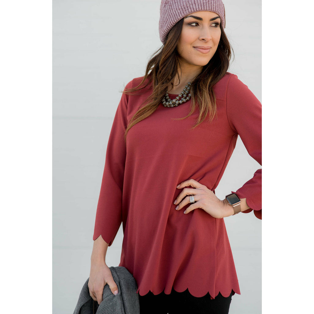 Scalloped Edge 3/4 Sleeve Blouse - Betsey's Boutique Shop