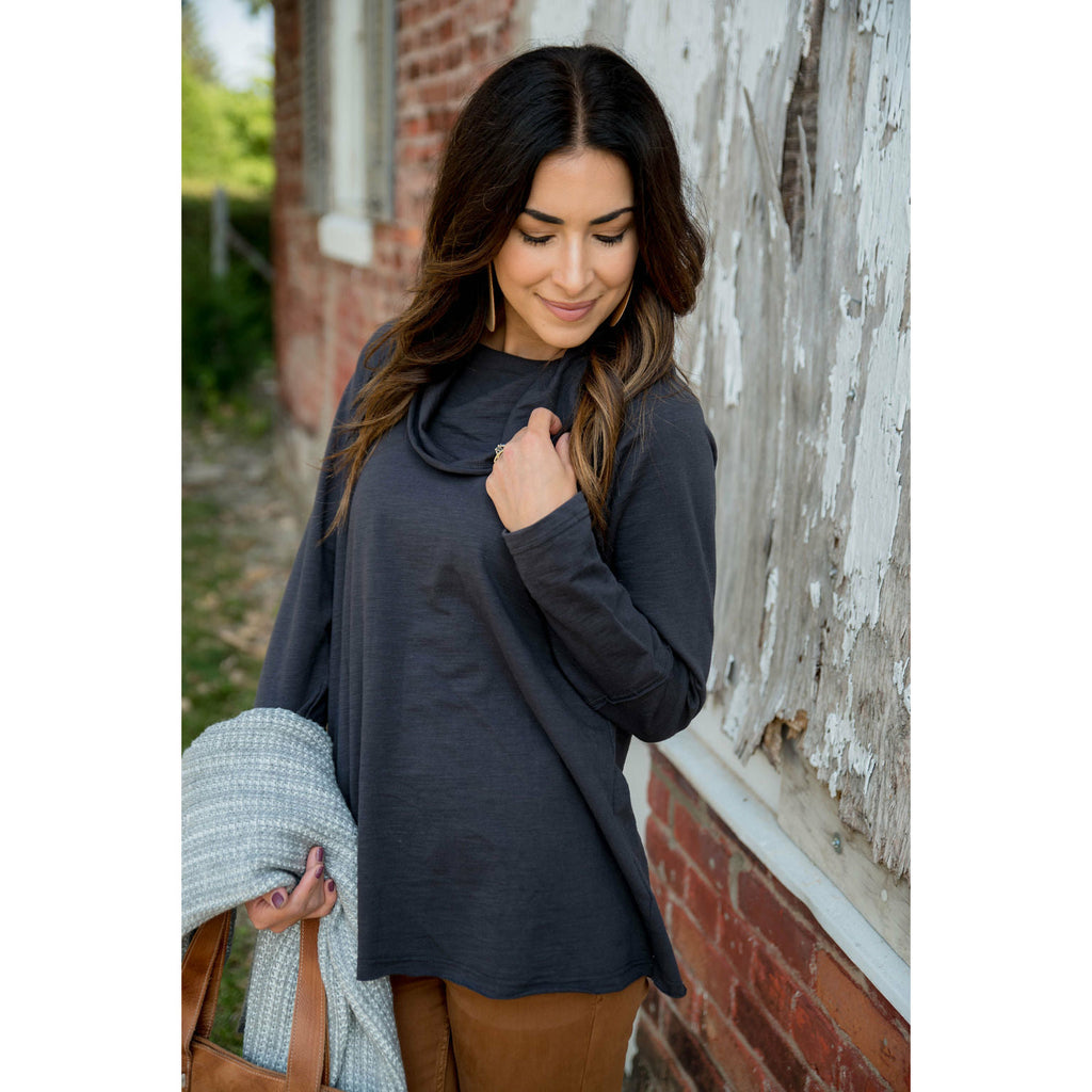 Raw Edge Cowl Neck Tee - Betsey's Boutique Shop