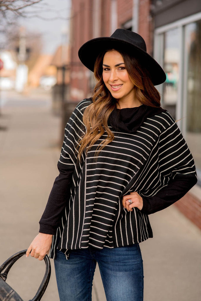 Solid Trim Cowl Neck Poncho - Betsey's Boutique Shop - Outerwear