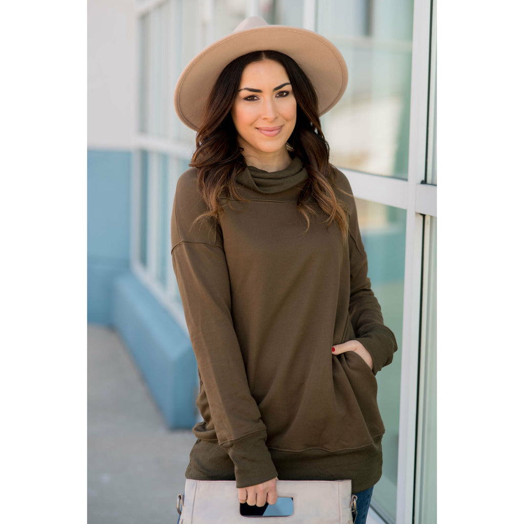 Cuffed Cowl Neck Tunic - Olive - Betsey's Boutique Shop