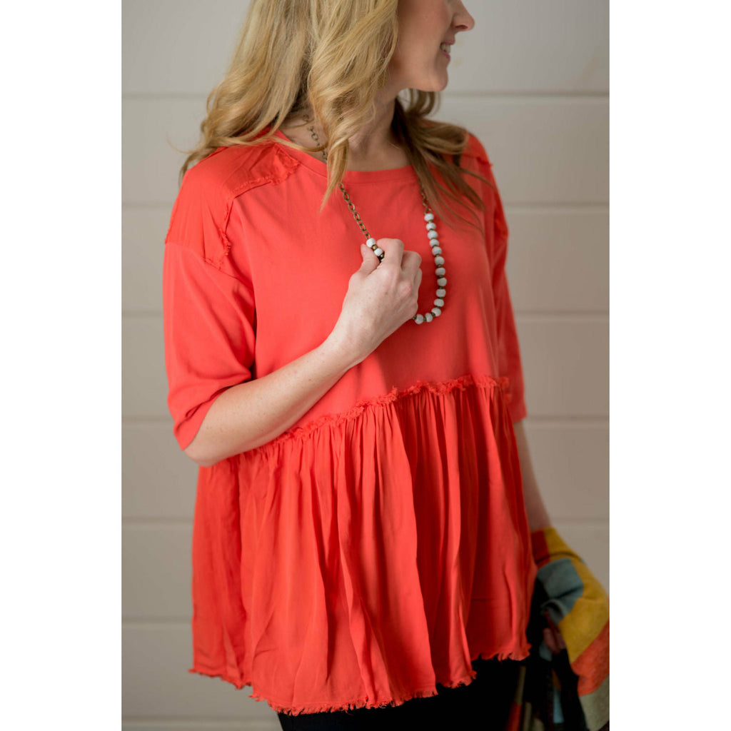 Fringe Accent Tee - Coral - Betsey's Boutique Shop