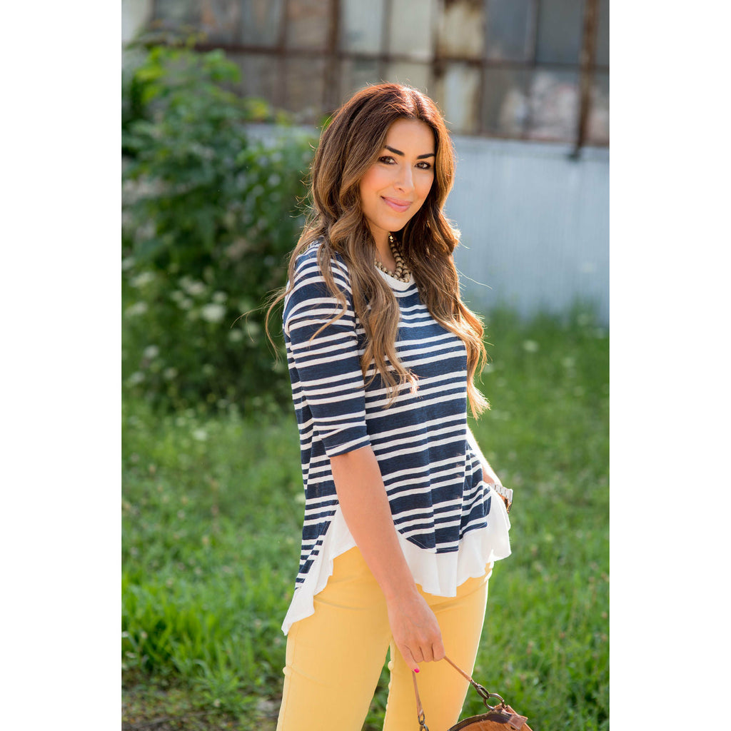 Triple Striped Ruffle Back Wrapped Tee - Betsey's Boutique Shop