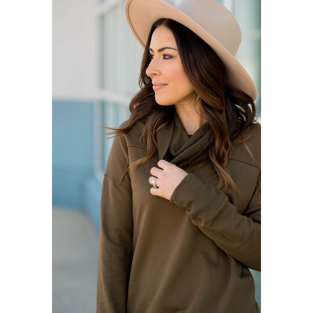 Cuffed Cowl Neck Tunic - Olive - Betsey's Boutique Shop