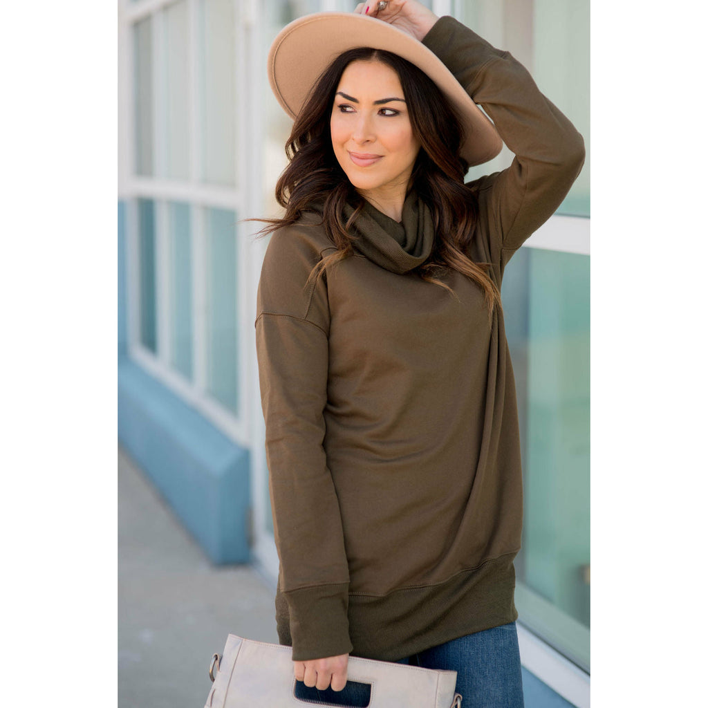 Cuffed Cowl Neck Tunic - Olive - Betsey's Boutique Shop