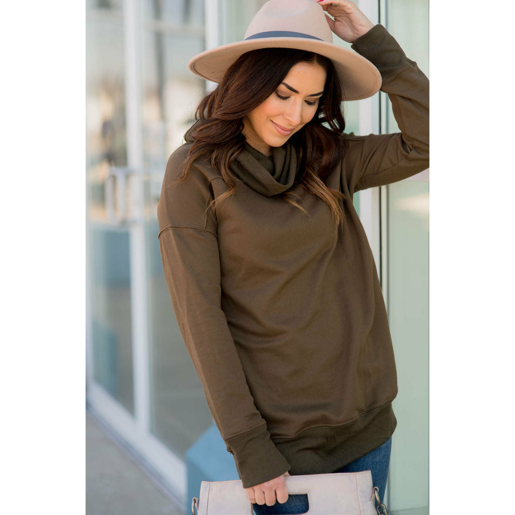 Cuffed Cowl Neck Tunic - Olive - Betsey's Boutique Shop