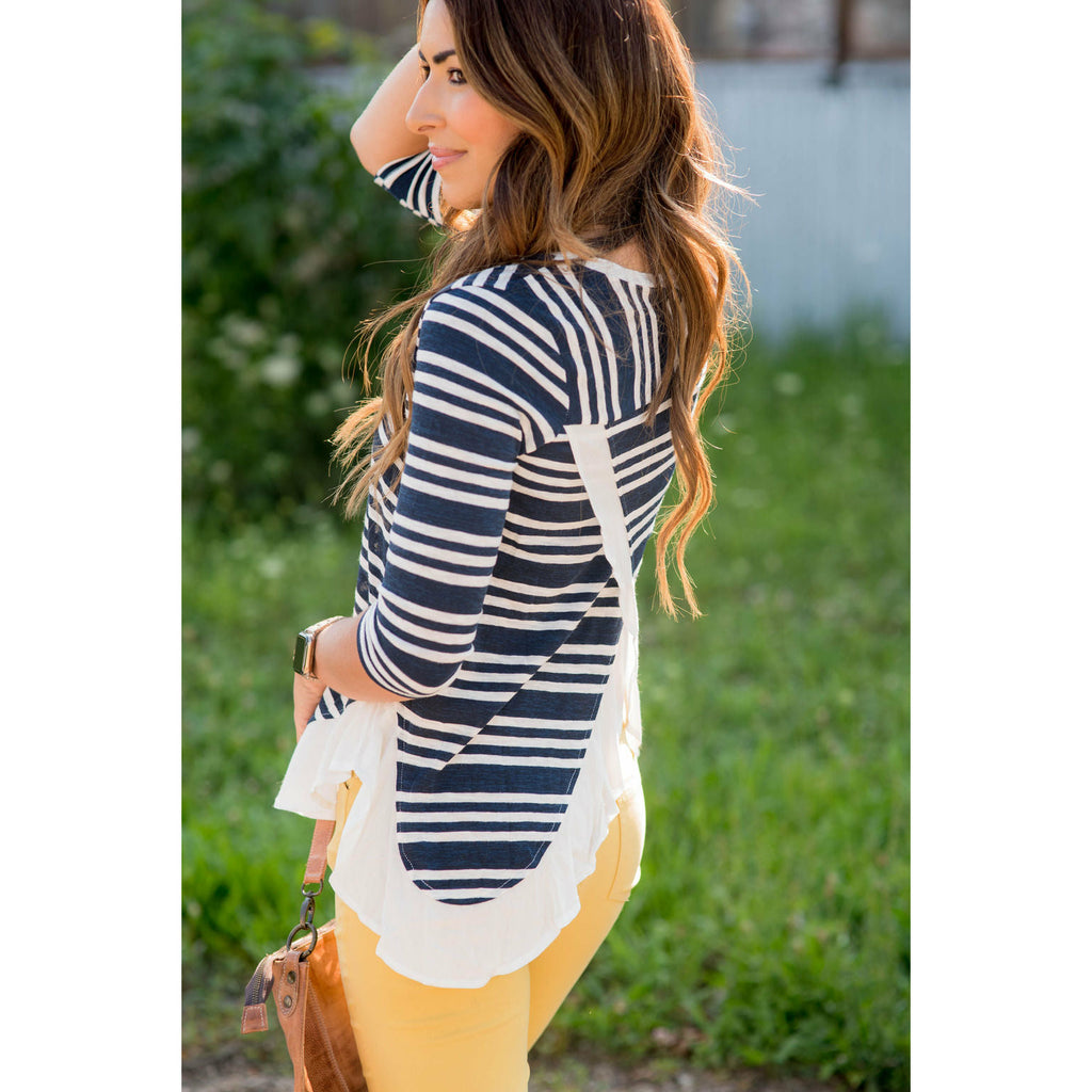 Triple Striped Ruffle Back Wrapped Tee - Betsey's Boutique Shop