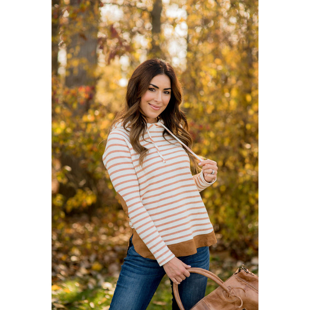 Heavily Trimmed Striped Elbow Patch Hoodie - Betsey's Boutique Shop