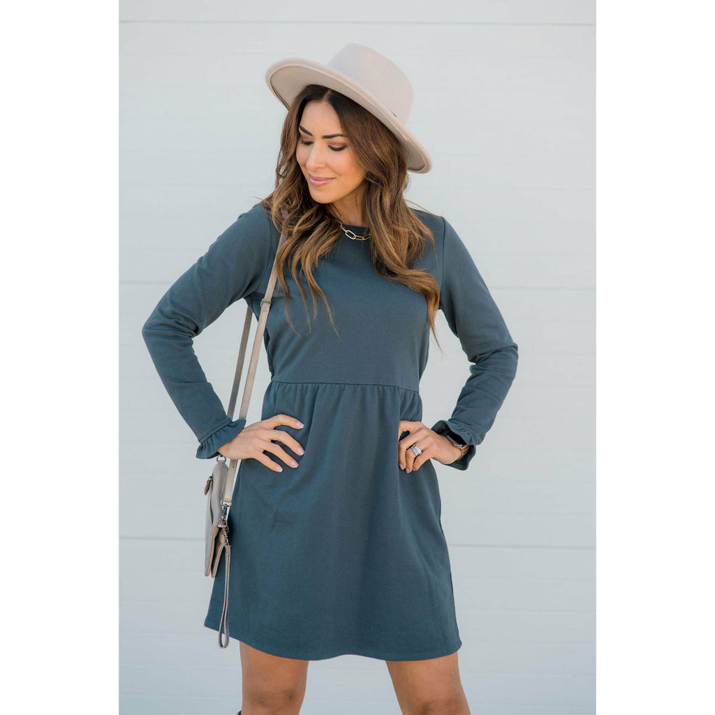 Cinched Ruffle Sleeve Sweatshirt Dress - Betsey's Boutique Shop