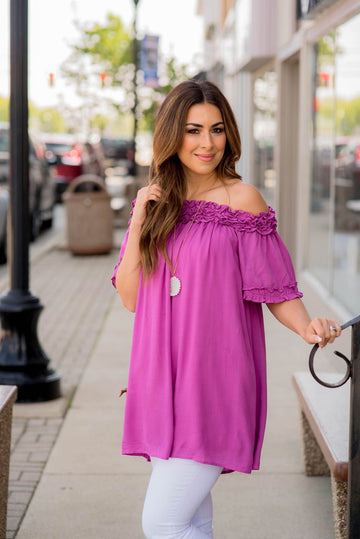 Ruched Off The Shoulder Tunic Tee - Betsey's Boutique Shop -