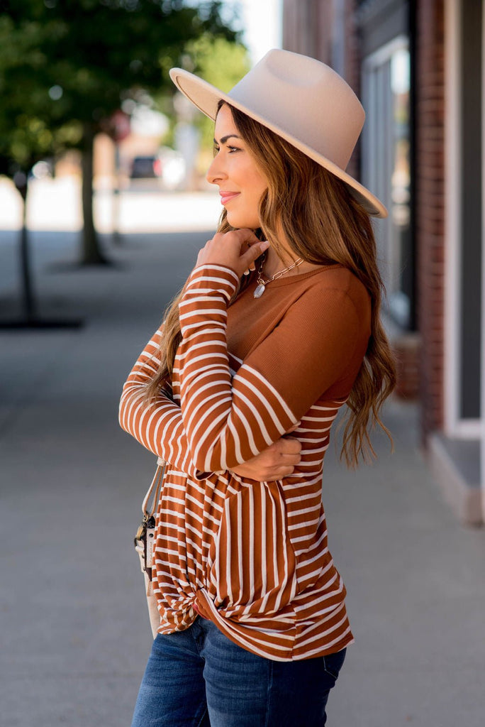 Striped Thermal Top Side Knot Tee - Betsey's Boutique Shop - Shirts & Tops