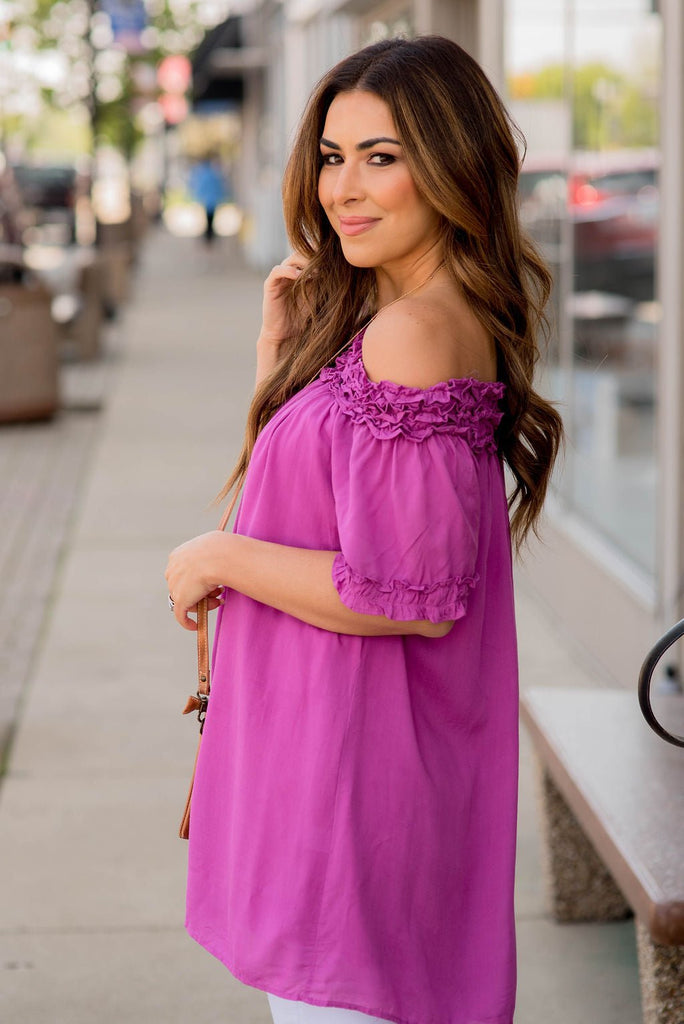 Ruched Off The Shoulder Tunic Tee - Betsey's Boutique Shop -