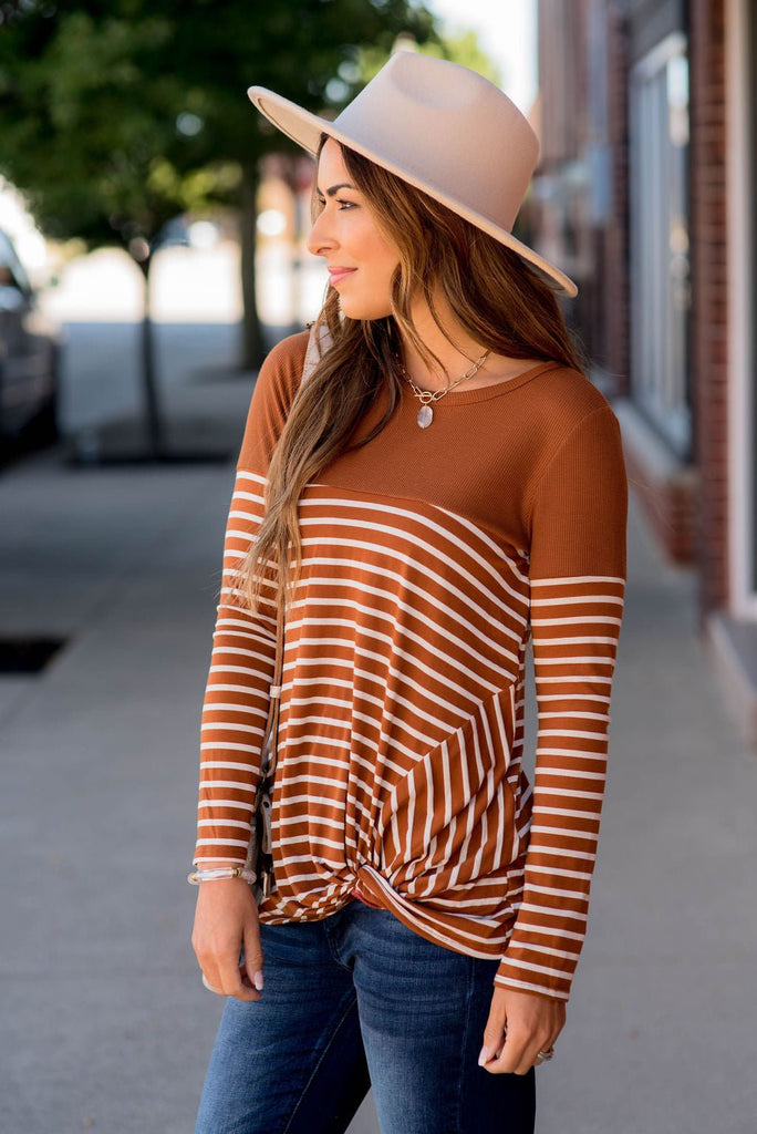 Striped Thermal Top Side Knot Tee - Betsey's Boutique Shop - Shirts & Tops