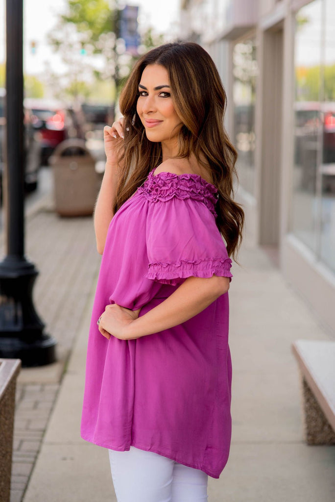 Ruched Off The Shoulder Tunic Tee - Betsey's Boutique Shop -