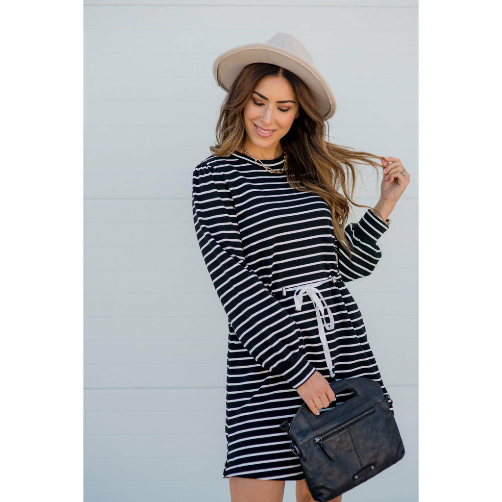 Stripe Tie Waist Pocket Sweatshirt Dress - Betsey's Boutique Shop - Dresses