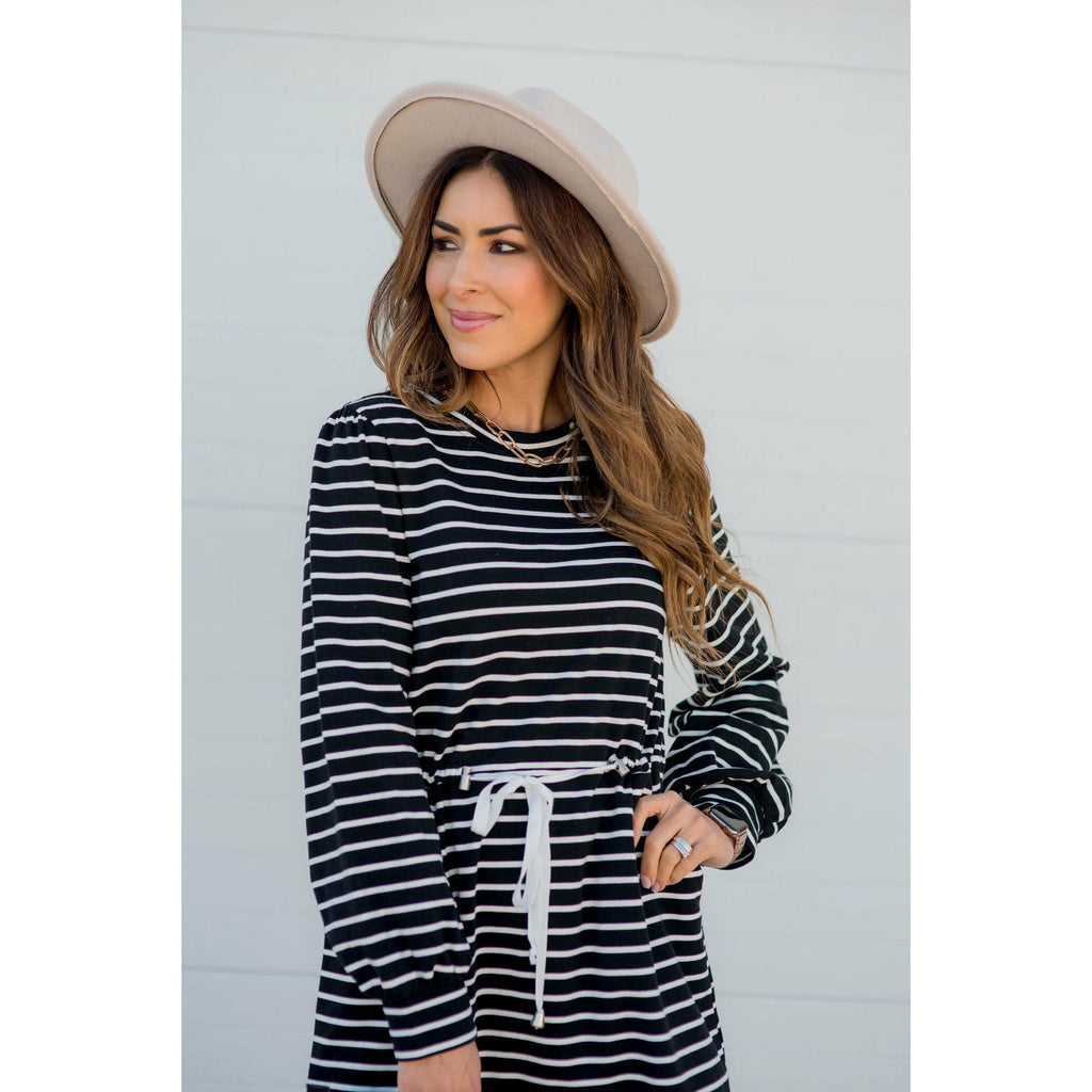 Stripe Tie Waist Pocket Sweatshirt Dress - Betsey's Boutique Shop - Dresses