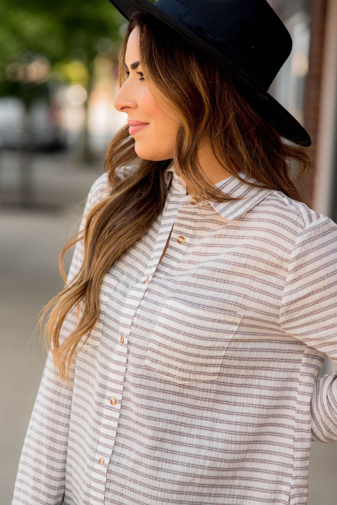 Striped Side Slit Button Down - Betsey's Boutique Shop