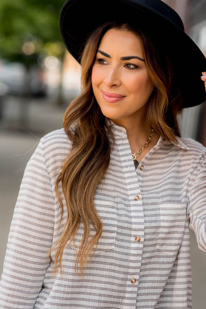 Striped Side Slit Button Down - Betsey's Boutique Shop