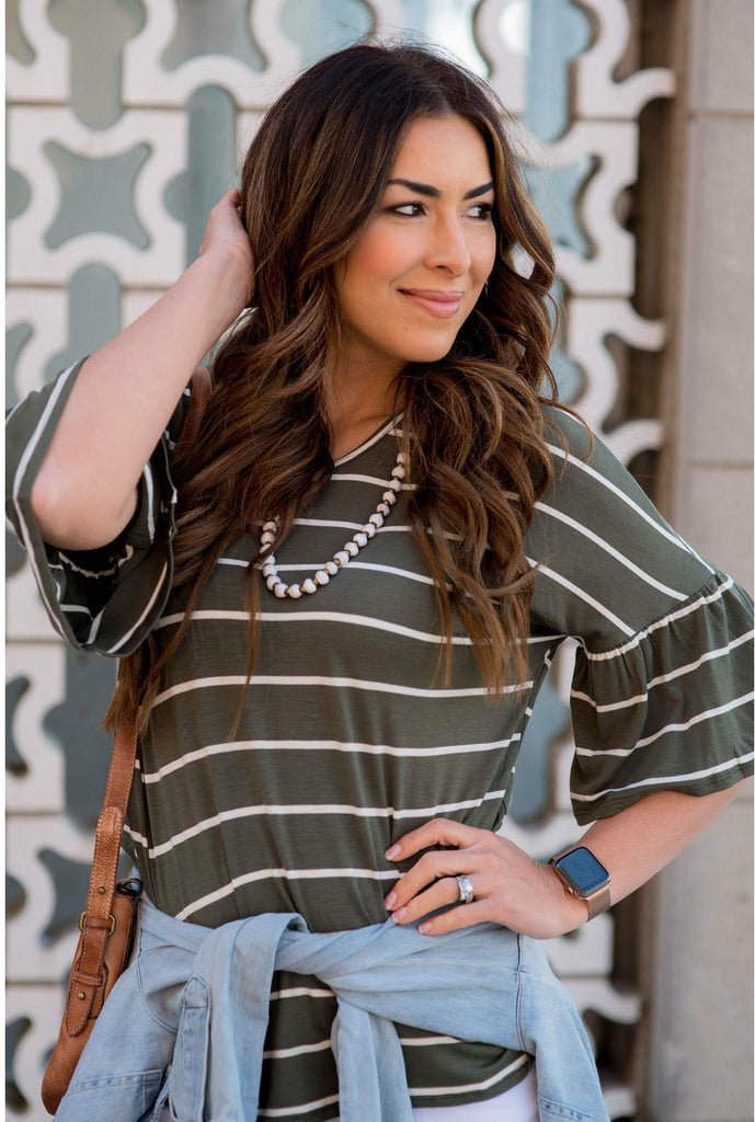 3/4 Bell Sleeve Striped Tee - Betsey's Boutique Shop