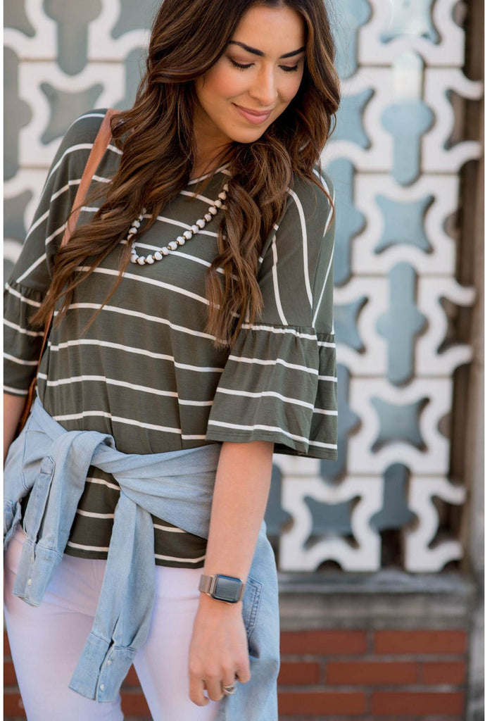 3/4 Bell Sleeve Striped Tee - Betsey's Boutique Shop