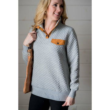 Quilted Button Accent Pullover - Cognac - Betsey's Boutique Shop - Shirts & Tops