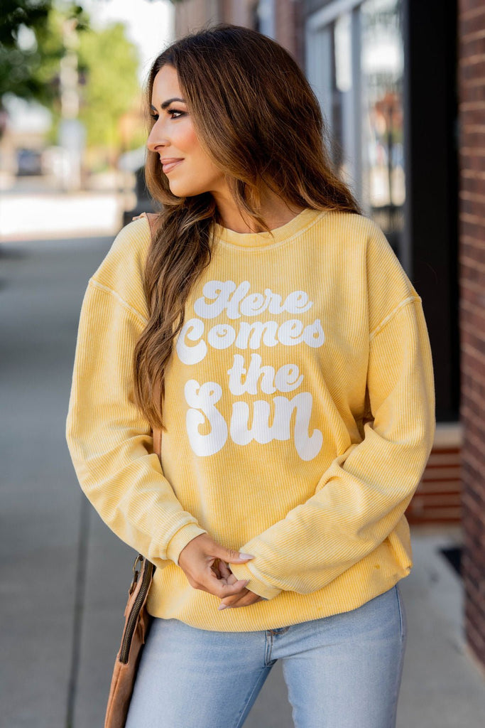 Here Comes The Sun Ribbed Graphic Crewneck - Betsey's Boutique Shop -