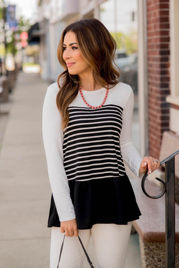 Striped Front Blouse Bottom Tee - Betsey's Boutique Shop