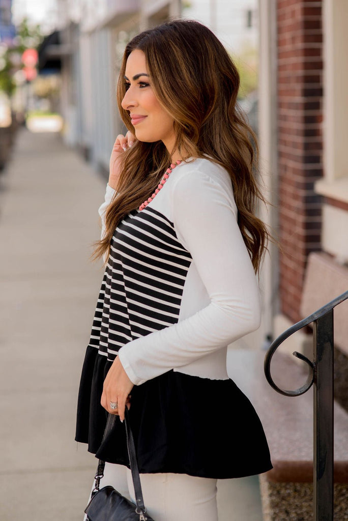 Striped Front Blouse Bottom Tee - Betsey's Boutique Shop