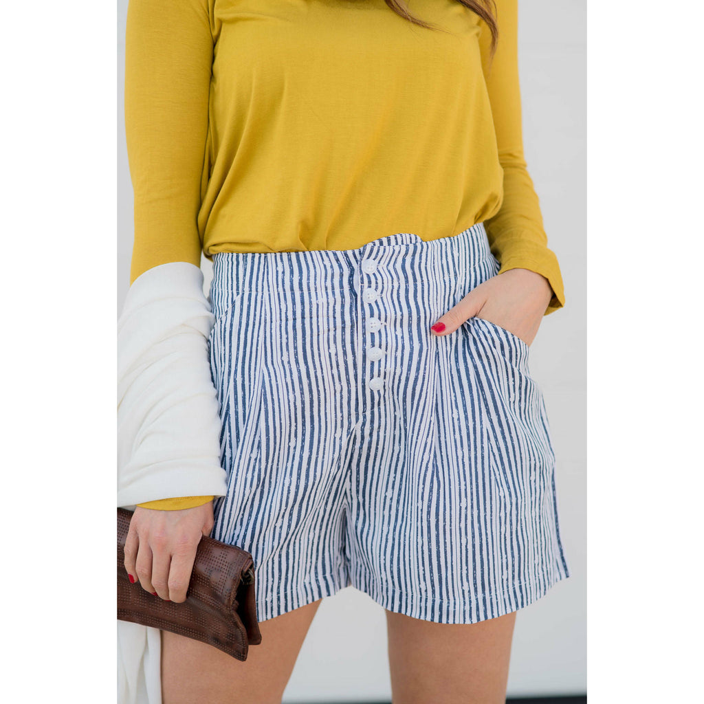 Vertical Button High Waisted Shorts - Navy - Betsey's Boutique Shop