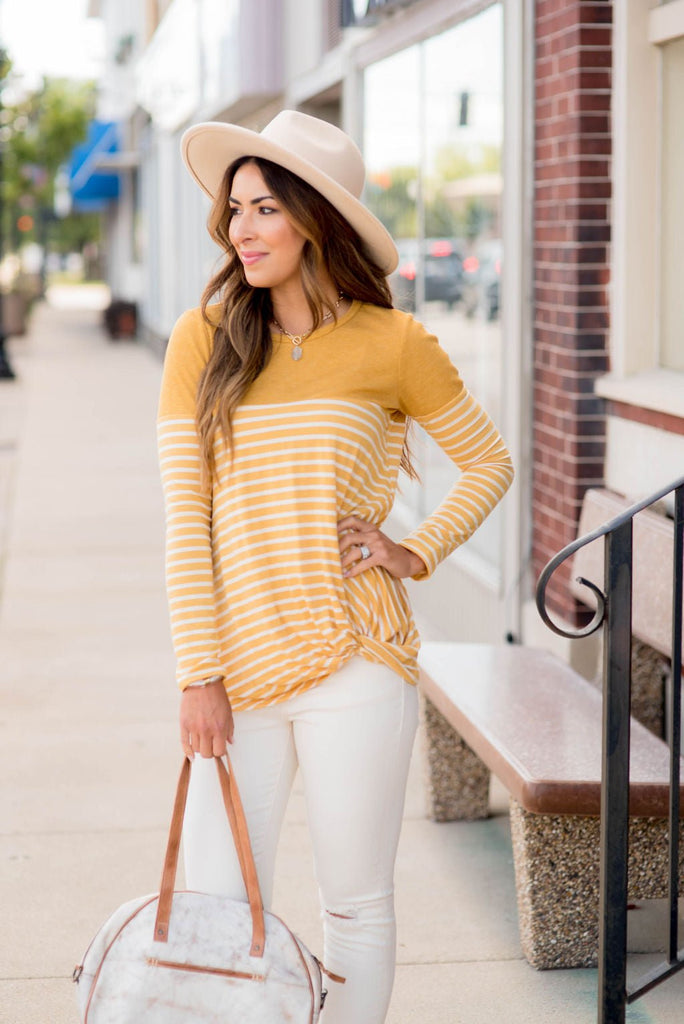 Striped Thermal Top Side Knot Tee - Betsey's Boutique Shop - Shirts & Tops