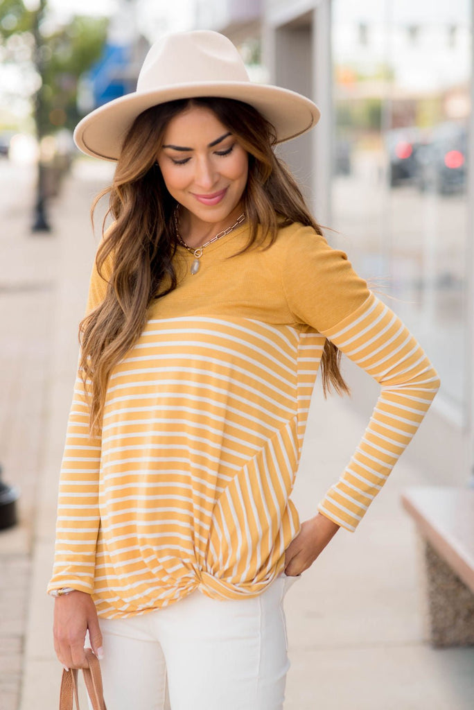 Striped Thermal Top Side Knot Tee - Betsey's Boutique Shop - Shirts & Tops