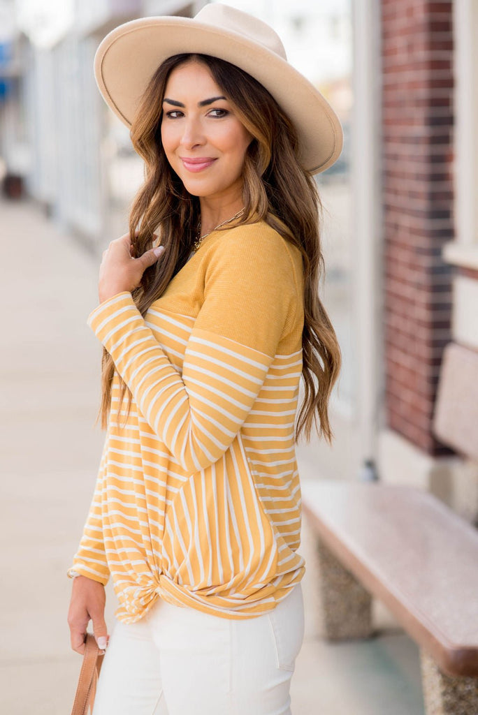 Striped Thermal Top Side Knot Tee - Betsey's Boutique Shop - Shirts & Tops