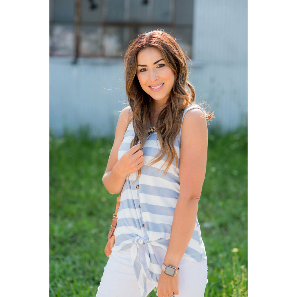 Tie Bottom Button Up Striped Tank - Betsey's Boutique Shop