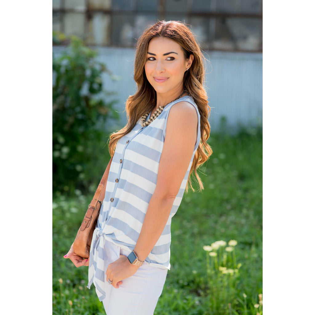 Tie Bottom Button Up Striped Tank - Betsey's Boutique Shop