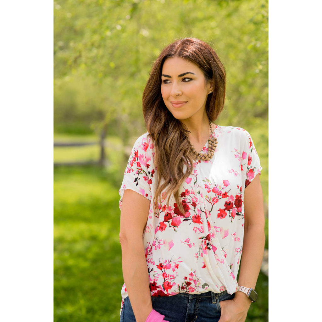 V-Neck Draped Front Floral Blouse - Betsey's Boutique Shop