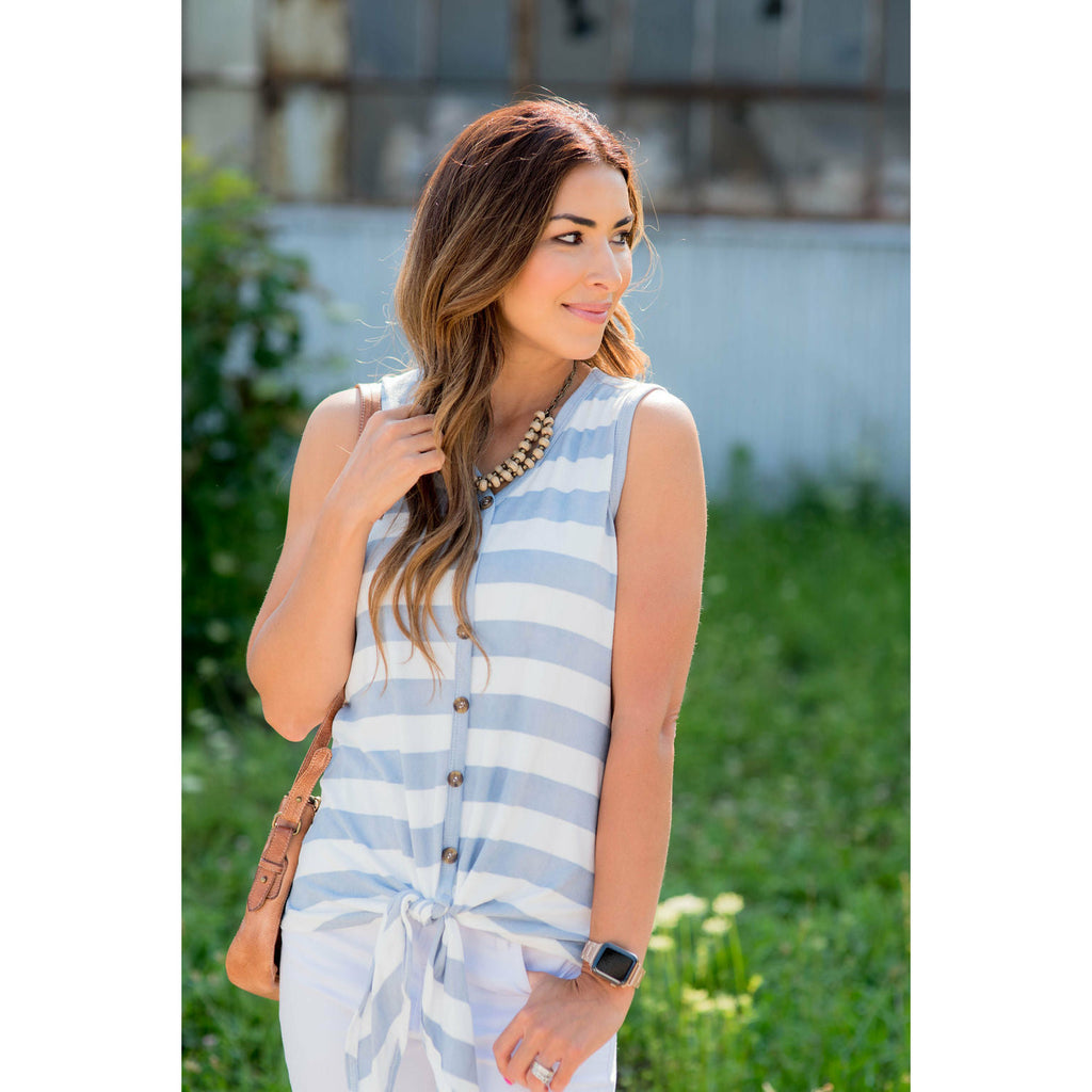 Tie Bottom Button Up Striped Tank - Betsey's Boutique Shop