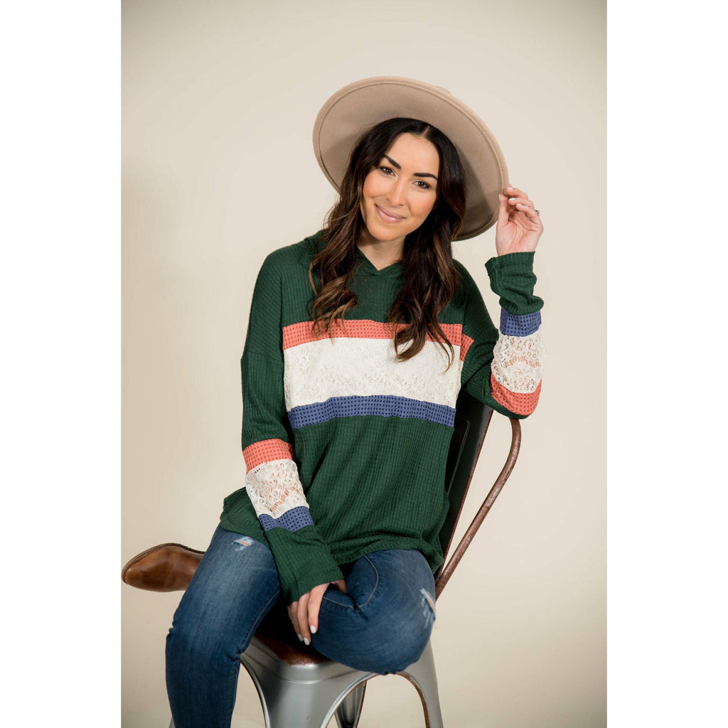 Color Blocked Lace Accent Hoodie - Betsey's Boutique Shop