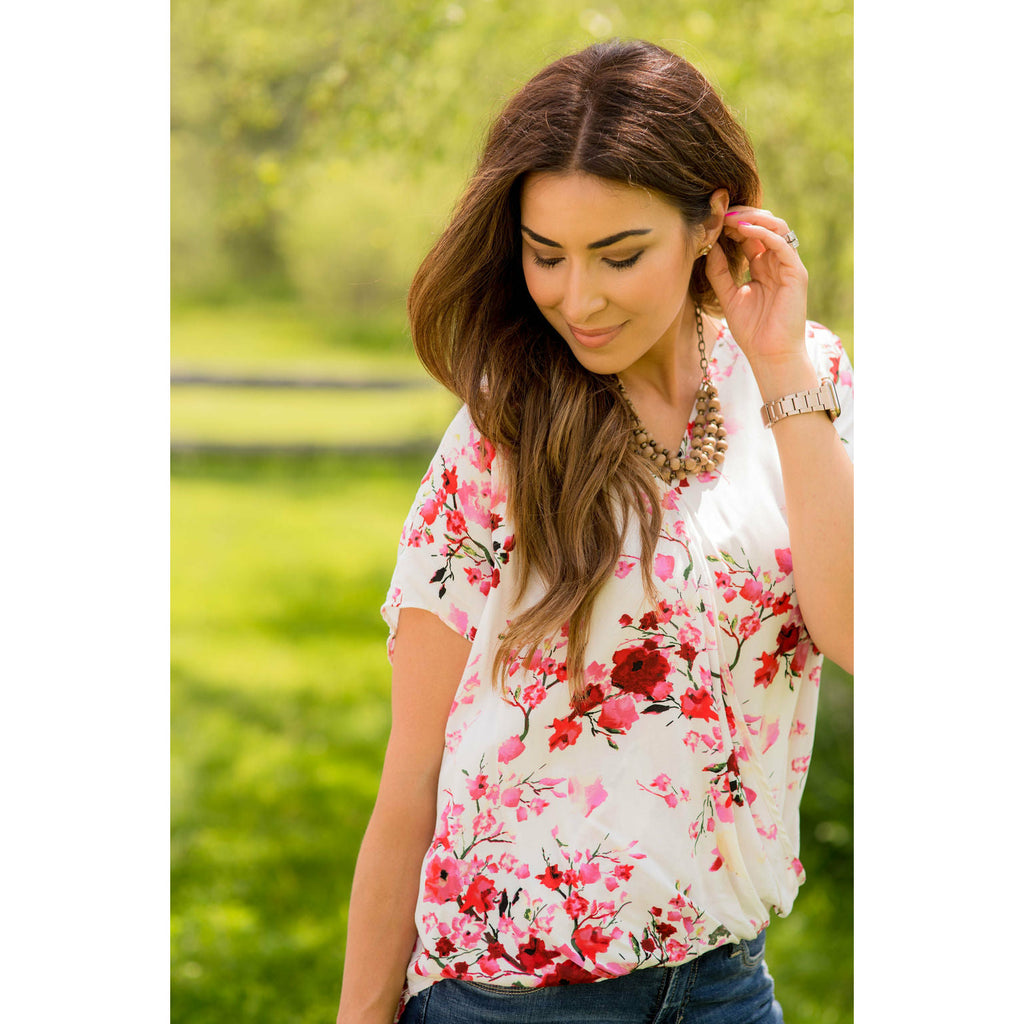 V-Neck Draped Front Floral Blouse - Betsey's Boutique Shop