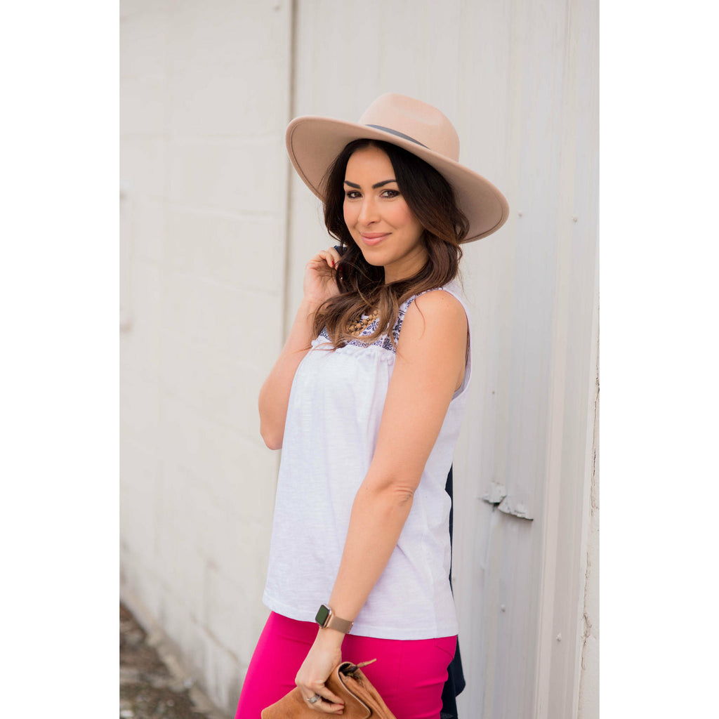 Embroidered Bib Pom Accent Tank - White - Betsey's Boutique Shop