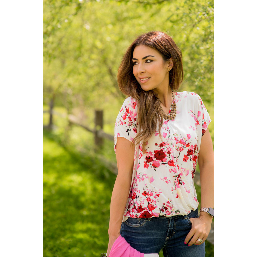 V-Neck Draped Front Floral Blouse - Betsey's Boutique Shop