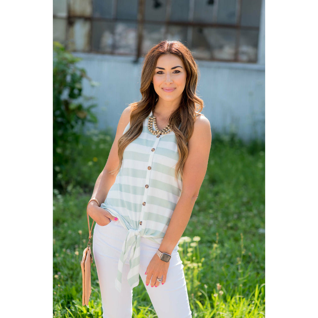 Tie Bottom Button Up Striped Tank - Betsey's Boutique Shop