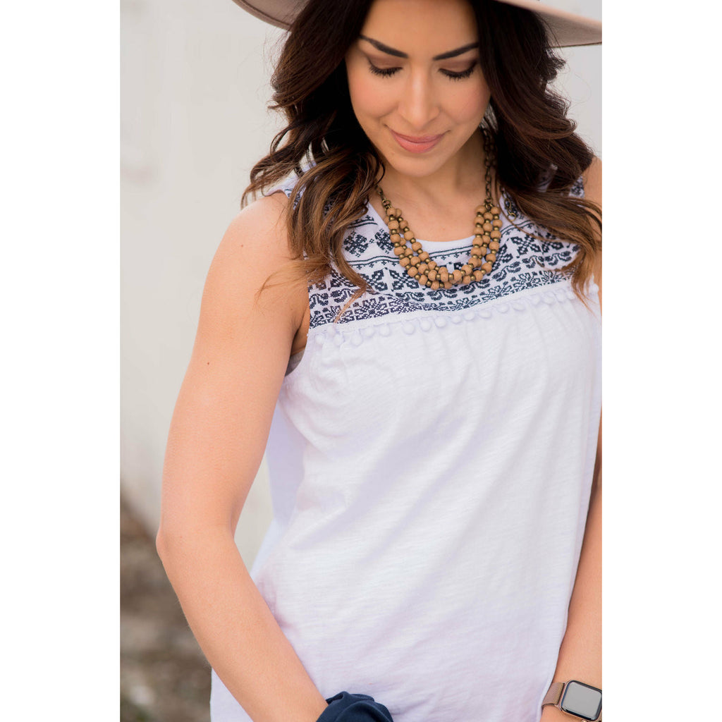 Embroidered Bib Pom Accent Tank - White - Betsey's Boutique Shop