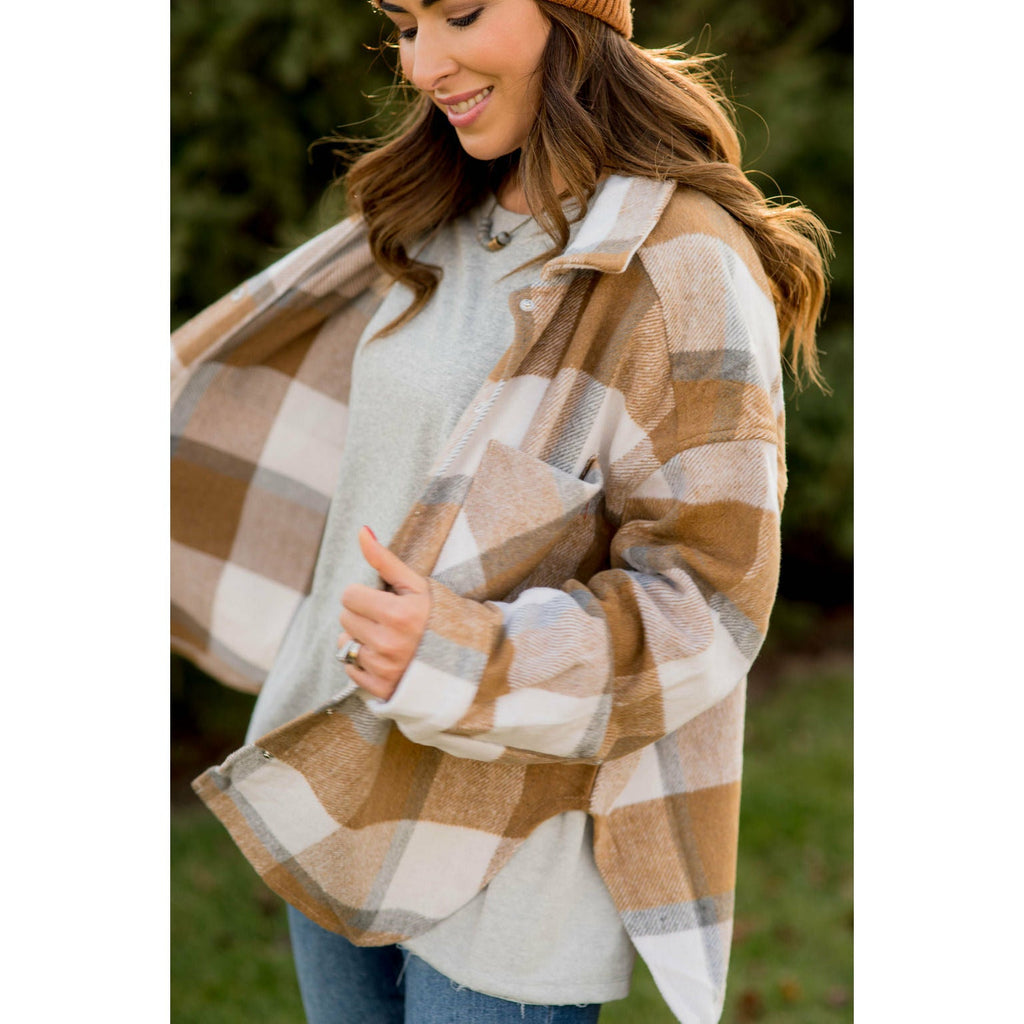 Large Plaid Print Neutral Shacket - Betsey's Boutique Shop